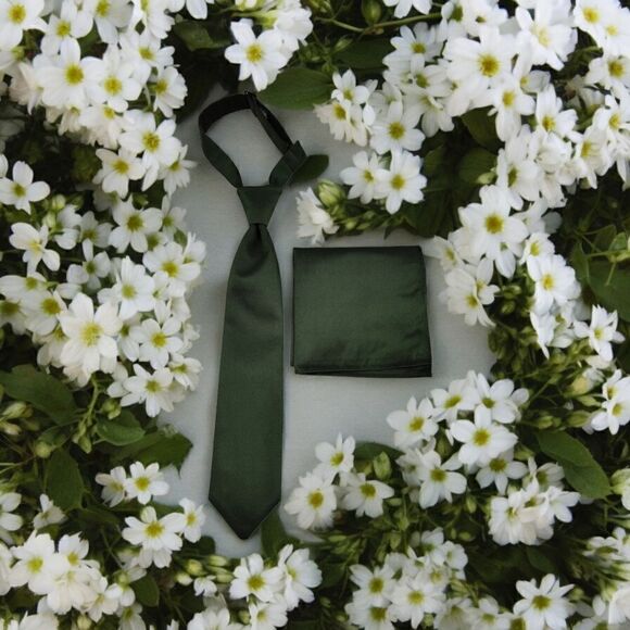 BOY'S HUNTER GREEN WINDSOR TIE & POCKET SQUARE BY LARR BRIO - Picture 1 of 5